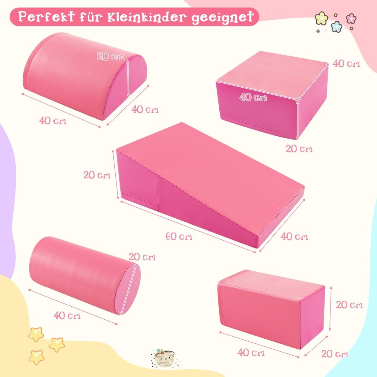 Juego de espuma rosa para niños. Incluye medio cilindro, cubo, rampa, cilindro y bloque rectangular. Las dimensiones están en cm.