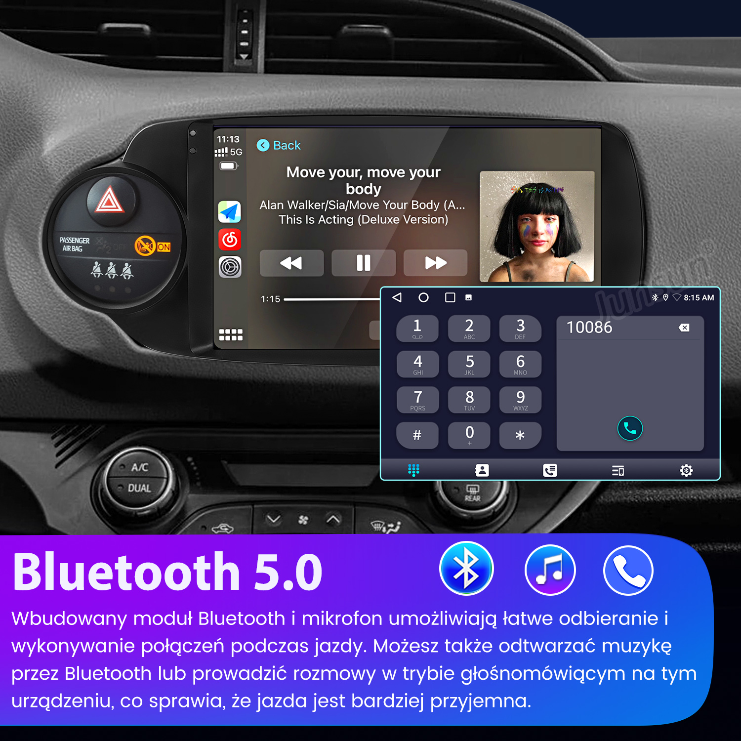 Deska rozdzielcza samochodu z interfejsem muzycznym i klawiaturą telefonu. Tekst wyświetla 'Bluetooth 5.0'.