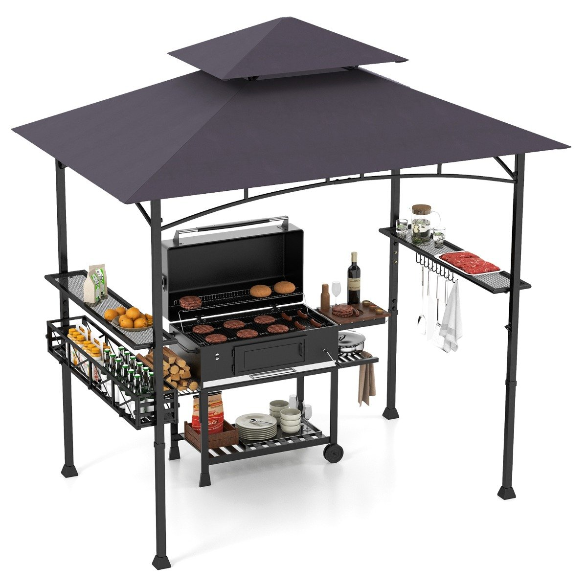 Una estación de parrilla con hamburguesas, salchichas y otros alimentos. Tiene un toldo negro y estantes para bebidas y utensilios.