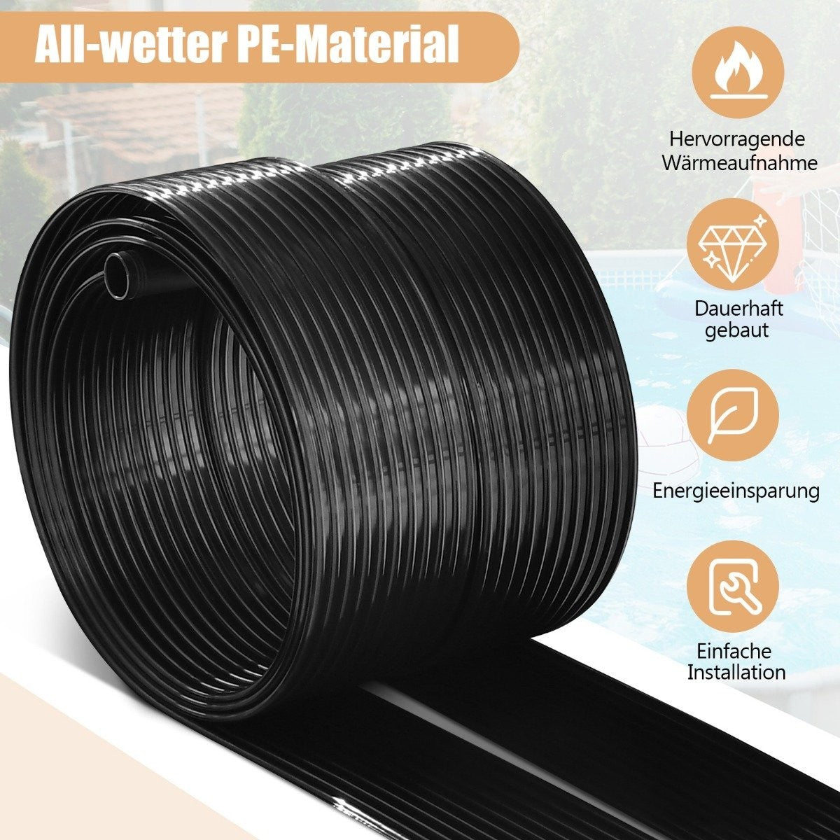 Material PE negro enrollado. Texto: All-weather PE-Material. Iconos: llama, diamante, hoja, llave. Fondo: piscina.