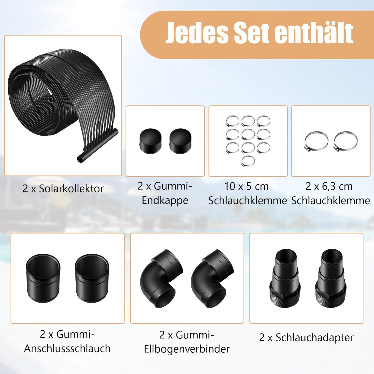 La imagen muestra un kit de colector solar con varios componentes negros, incluyendo tapas, abrazaderas y adaptadores. Las etiquetas de texto identifican cada artículo.