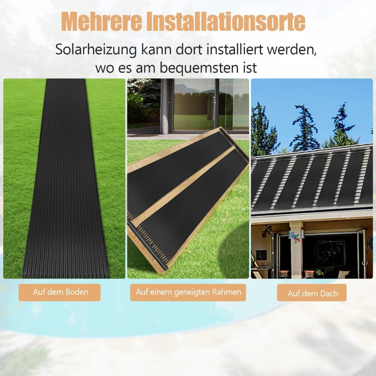 La imagen muestra paneles de calefacción solar instalados en el suelo, un marco y un techo, con texto en alemán.