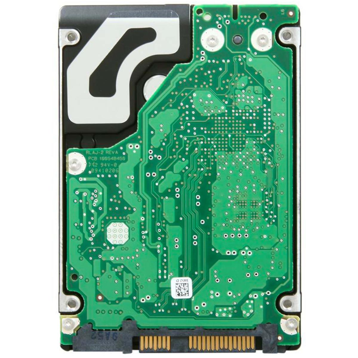 Un circuito stampato verde con vari componenti, connettori ed etichette di testo. È un componente di hard disk, con un involucro metallico nero.