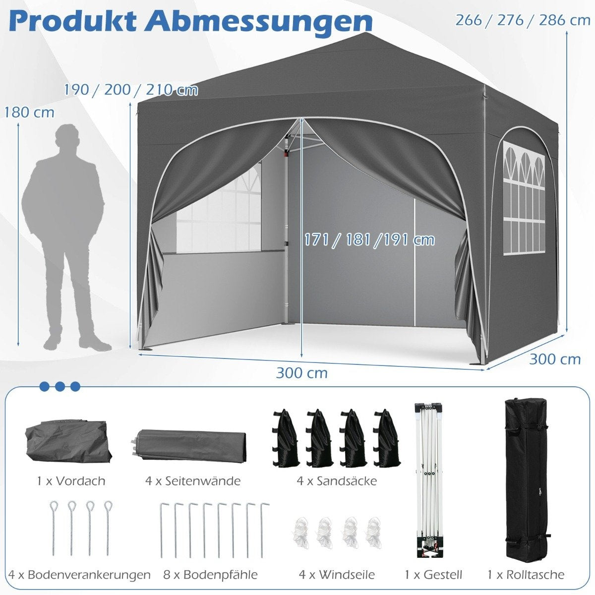 Una carpa gris con dimensiones. Abajo, accesorios: paredes laterales, sacos de arena, estacas, cuerdas y un marco.
