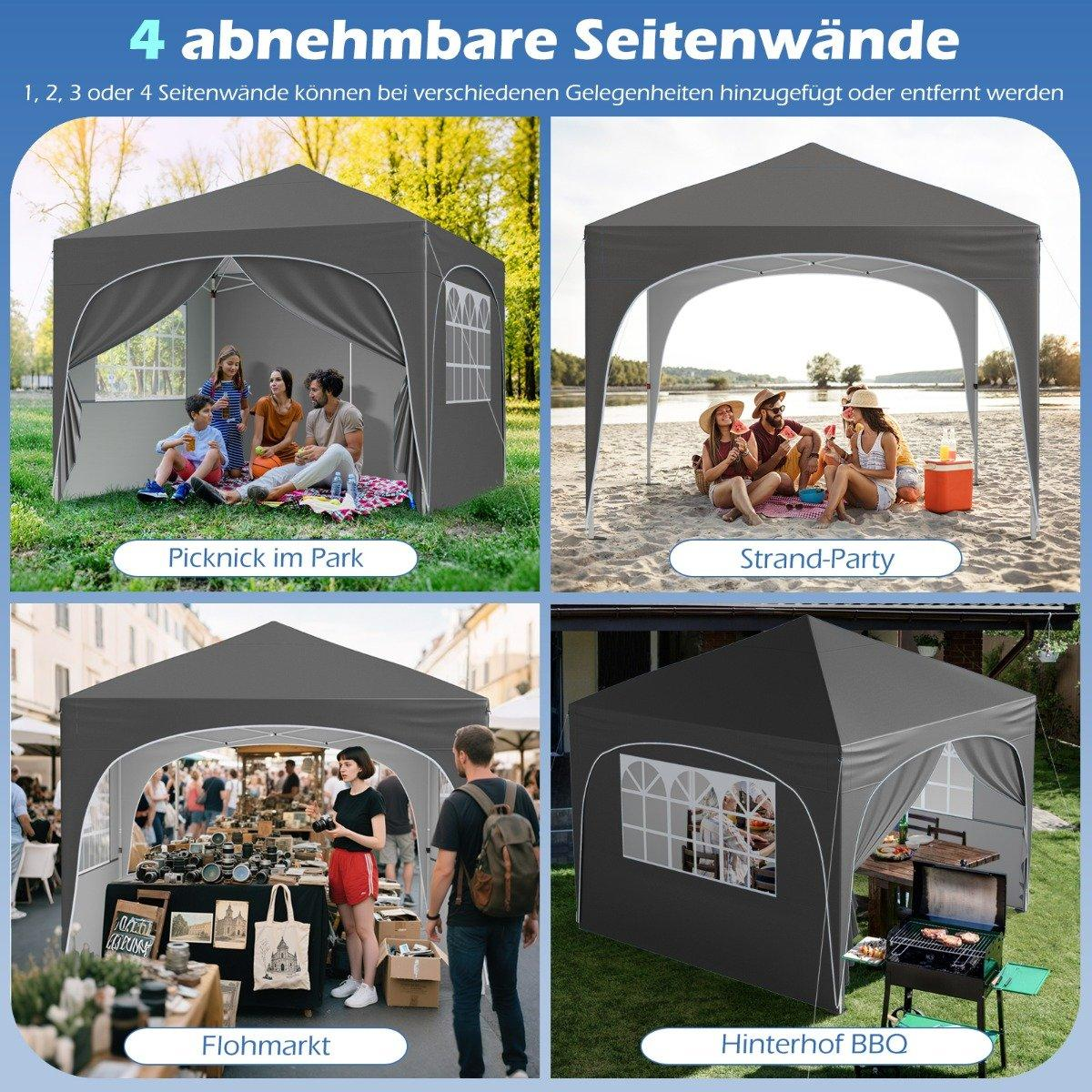 Cuatro escenas: picnic, fiesta en la playa, mercadillo y barbacoa en el patio trasero, todo bajo una carpa gris. La gente se divierte en cada lugar.