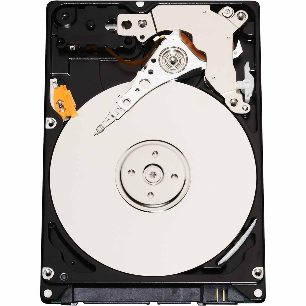 Hard disk aperto con disco argentato, testina di lettura/scrittura e componenti elettronici in un alloggiamento nero.