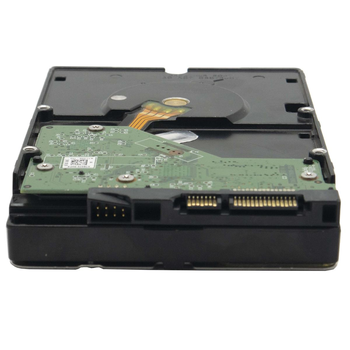 Un disco rigido, involucro nero, circuito stampato verde e vari connettori sono visibili. Probabilmente si tratta di un dispositivo di archiviazione per computer.