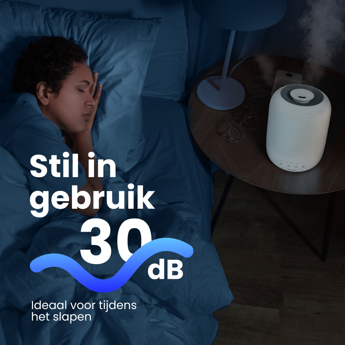 A woman sleeps in bed, a humidifier on the nightstand. Text reads: 'Silent in use, 30 dB. Ideal for sleeping'.