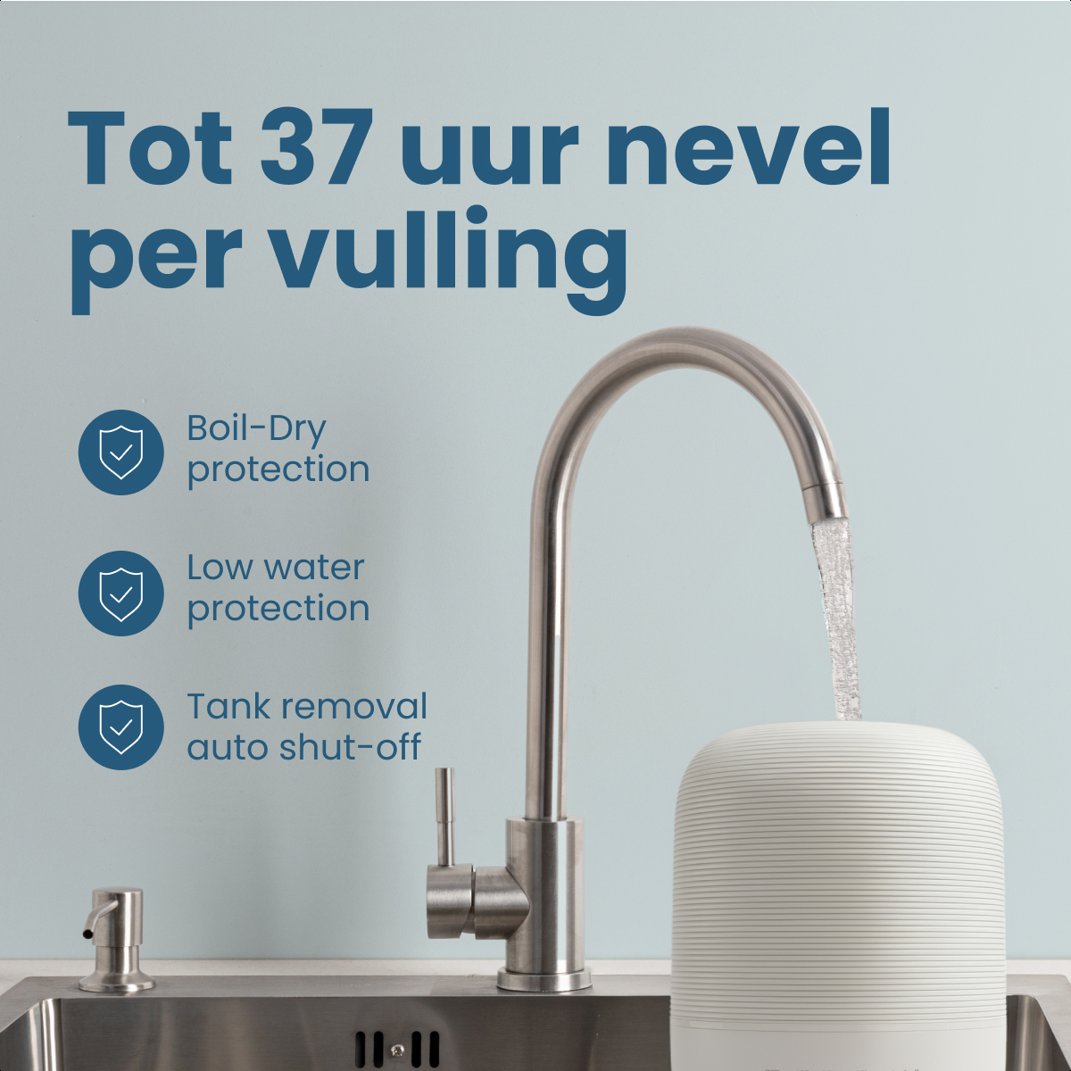 A faucet with flowing water over a white, cylindrical humidifier. Text indicates boil-dry and low-water protection, and auto shut-off.