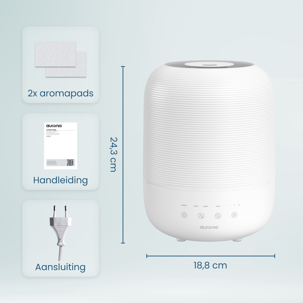 A white air humidifier, 2 aroma pads, a manual, and a plug on a light blue background. Dimensions: 24.3 cm high, 18.8 cm wide.