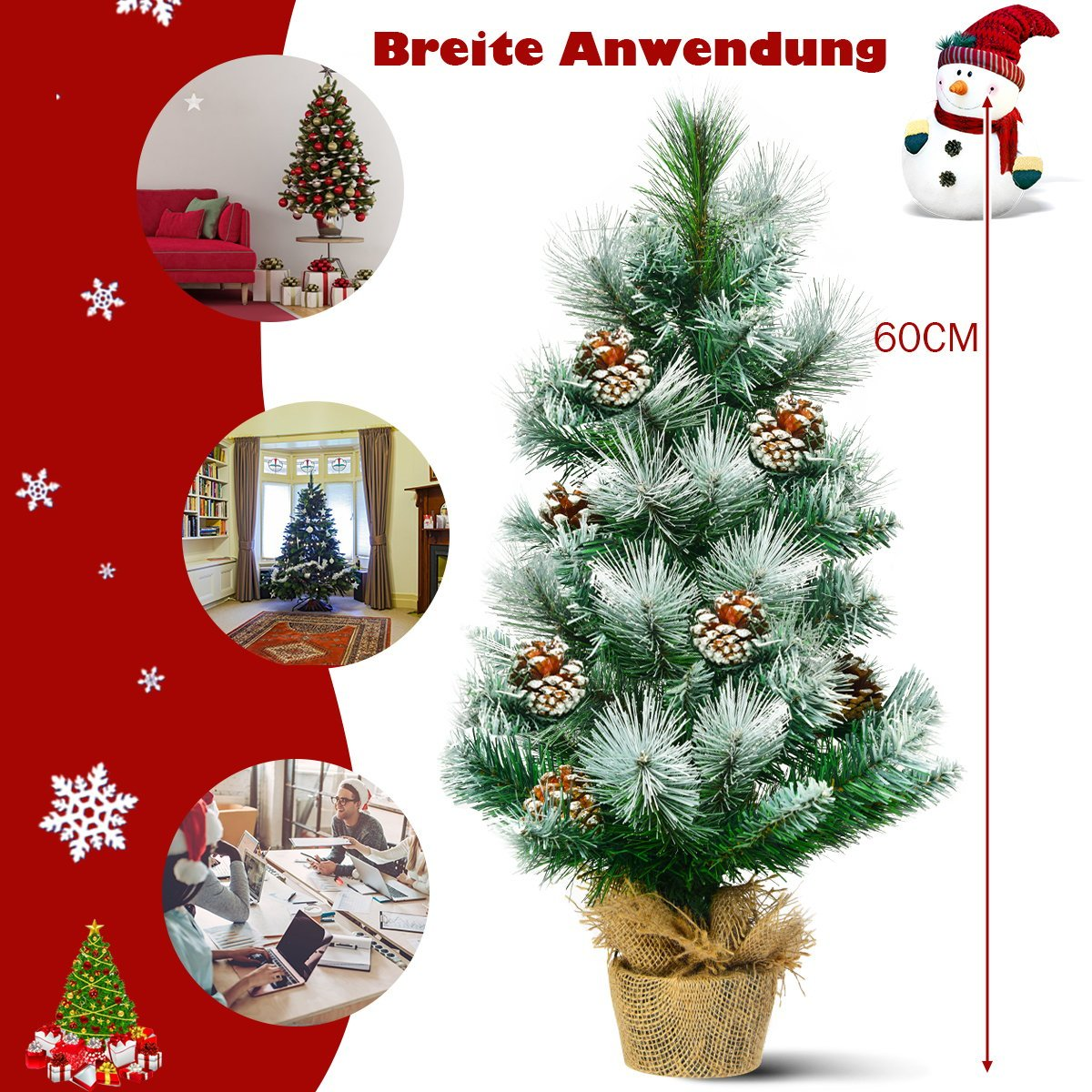 Un árbol de Navidad con piñas, un muñeco de nieve y otras imágenes en círculos sobre un fondo rojo. El texto dice 'Breite Anwendung'.