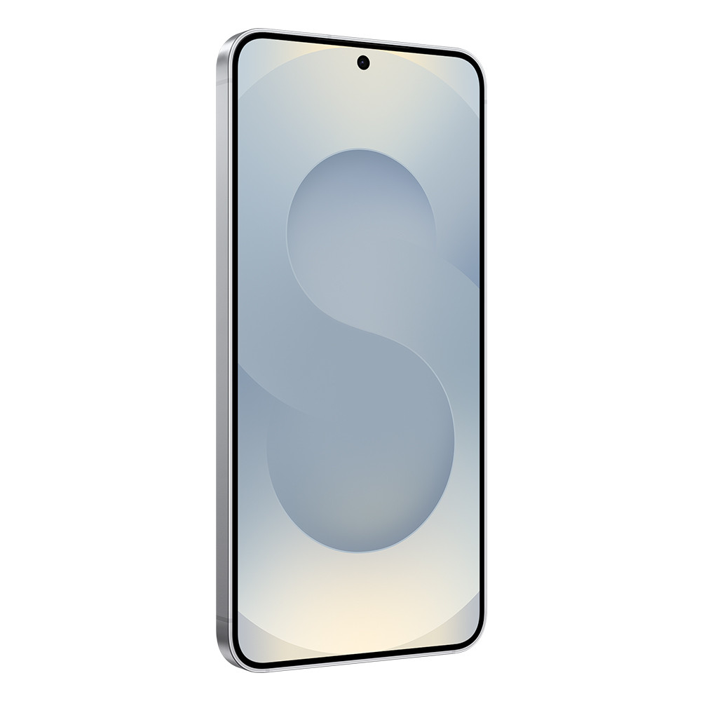 Smartfon ze srebrną ramką, ekranem z niebiesko-białym gradientem i małym aparatem u góry.