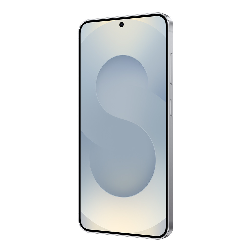 Srebrny smartfon z jasnoniebieskim ekranem prezentuje abstrakcyjny wzór. Ma aparat i przyciski głośności.