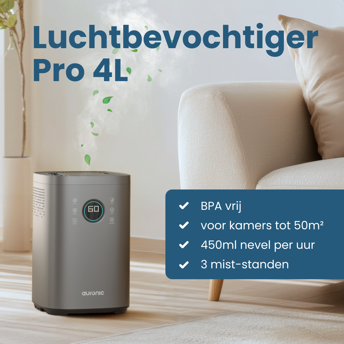 Ein grauer Luftbefeuchter mit digitaler Anzeige steht auf dem Boden. Er steht vor einem beigen Sofa. Der Text beinhaltet BPA-frei und Nebel-Einstellungen.