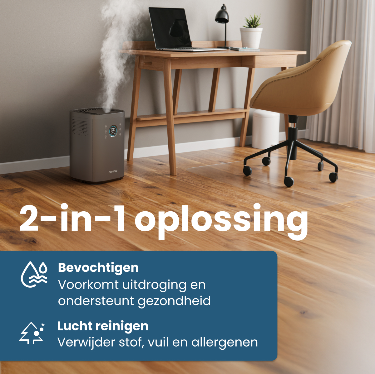 Ein Luftreiniger mit Dampf, Schreibtisch, Stuhl, Laptop und Text über Befeuchtung und Luftreinigung auf Holzboden.