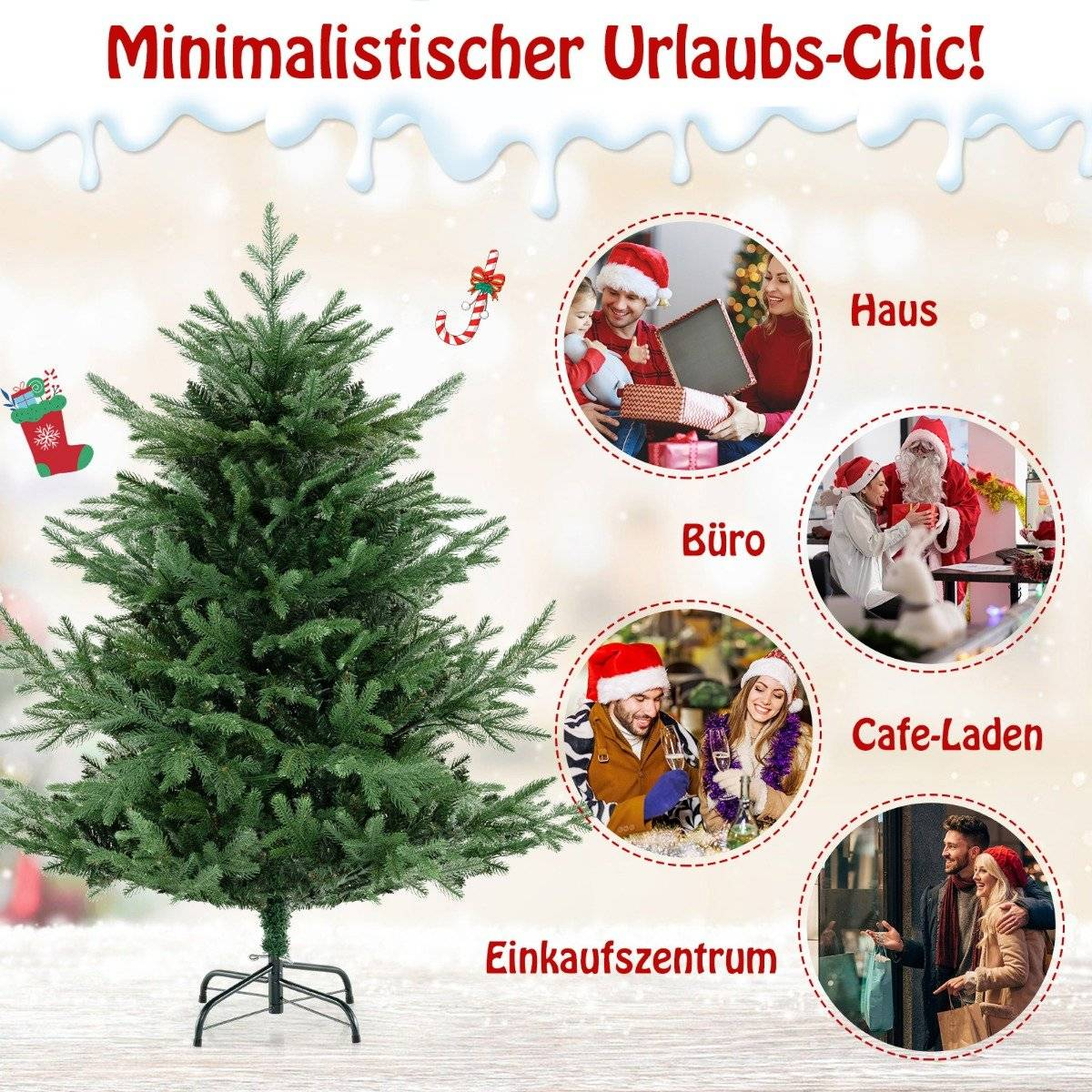 Un árbol de Navidad verde. Tiene una base negra. Imágenes circulares muestran escenas navideñas: familia, Santa, cafetería y compras.