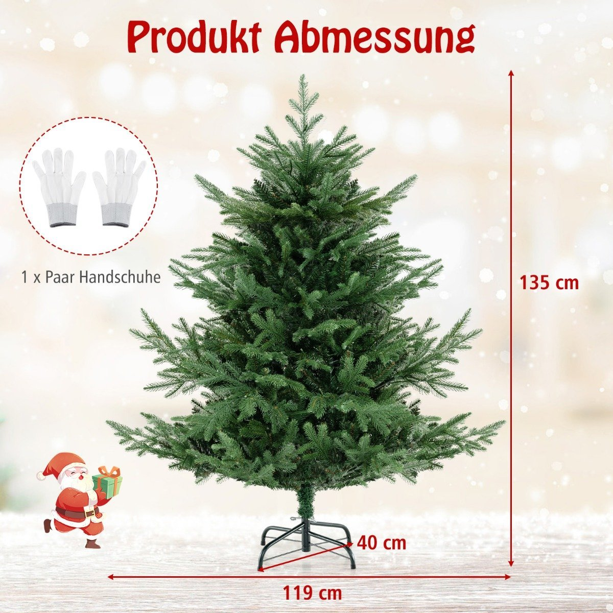 Un árbol de Navidad verde con dimensiones etiquetadas. También hay guantes y una figura de Papá Noel. El árbol mide 135 cm de alto y 119 cm de ancho.