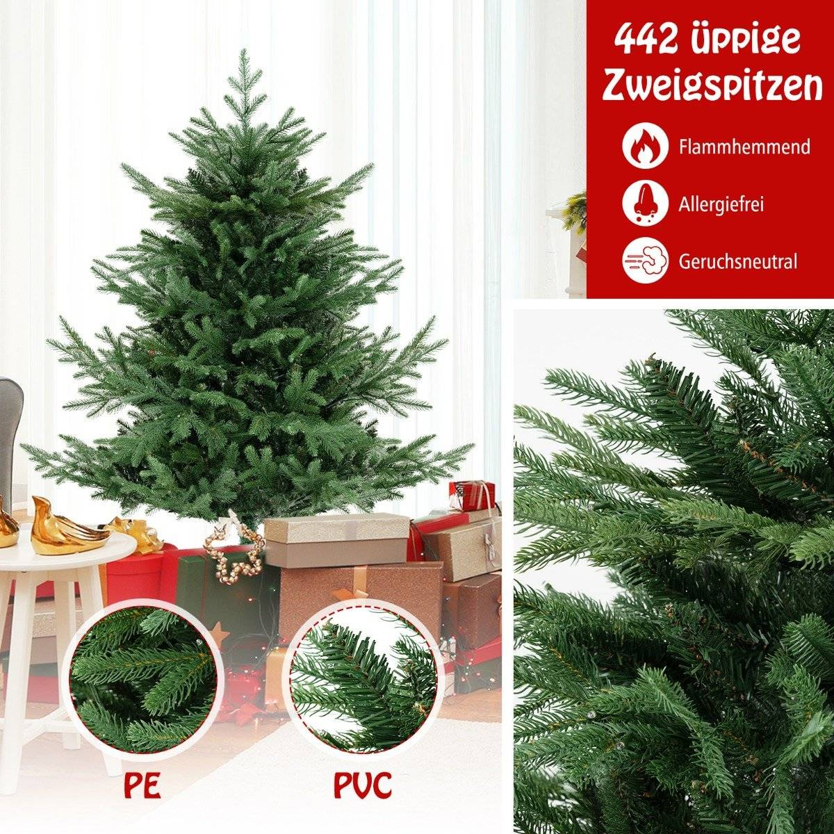 Un árbol de Navidad artificial verde frente a una cortina blanca. Regalos debajo del árbol. Detalles muestran materiales PE y PVC.