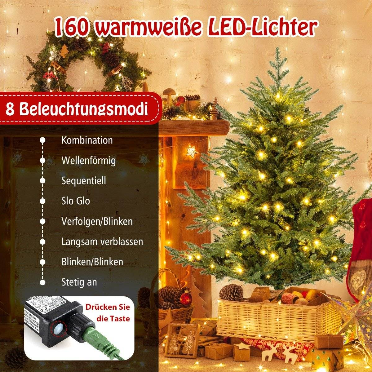 Árbol de Navidad con luces, modos enumerados. Incluye una cesta, chimenea y texto: 160 luces LED blancas cálidas. Varias decoraciones.