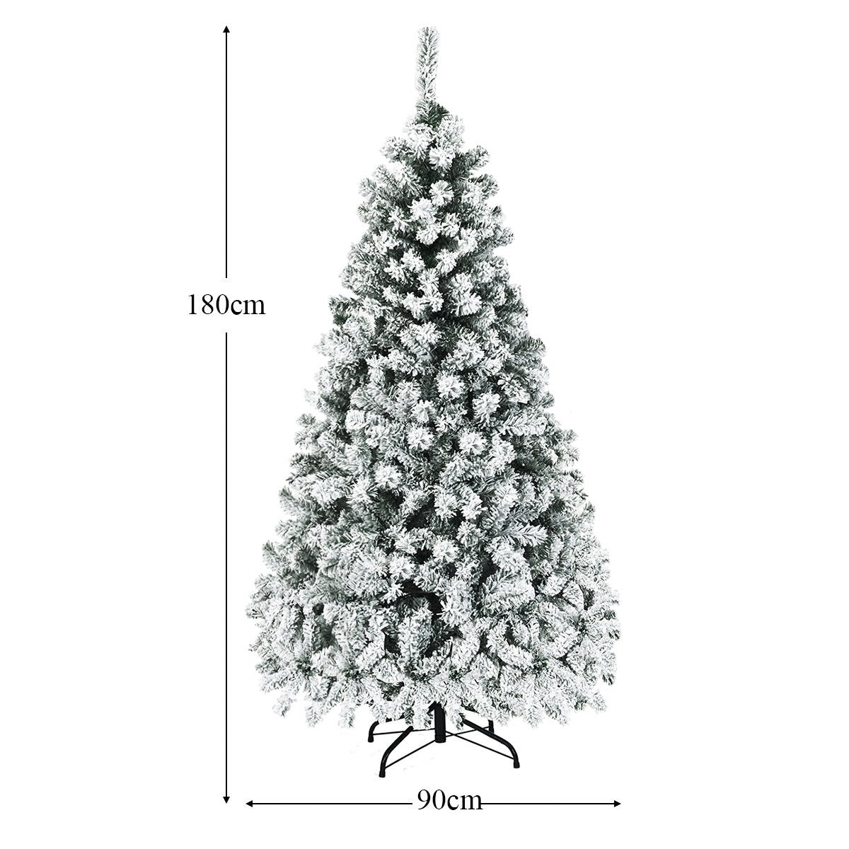 Un árbol de Navidad nevado, de 180 cm de altura y 90 cm de ancho, sobre un soporte de metal negro. El flocado blanco cubre las agujas verdes.