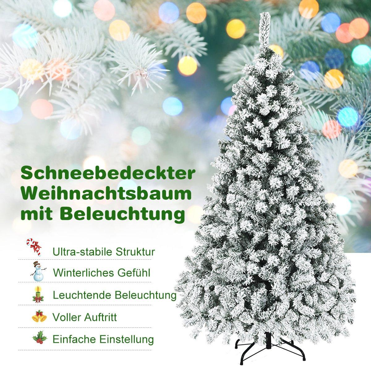 Un árbol de Navidad cubierto de nieve con luces. El fondo tiene luces bokeh. El texto en alemán dice: árbol de Navidad cubierto de nieve con luces.