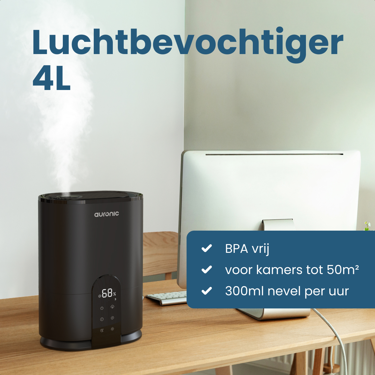 Ein schwarzer Luftbefeuchter auf einem Holztisch. Es zeigt 68% und hat den Markennamen Auronic. Text lautet 'Luchtbevochtiger 4L'.