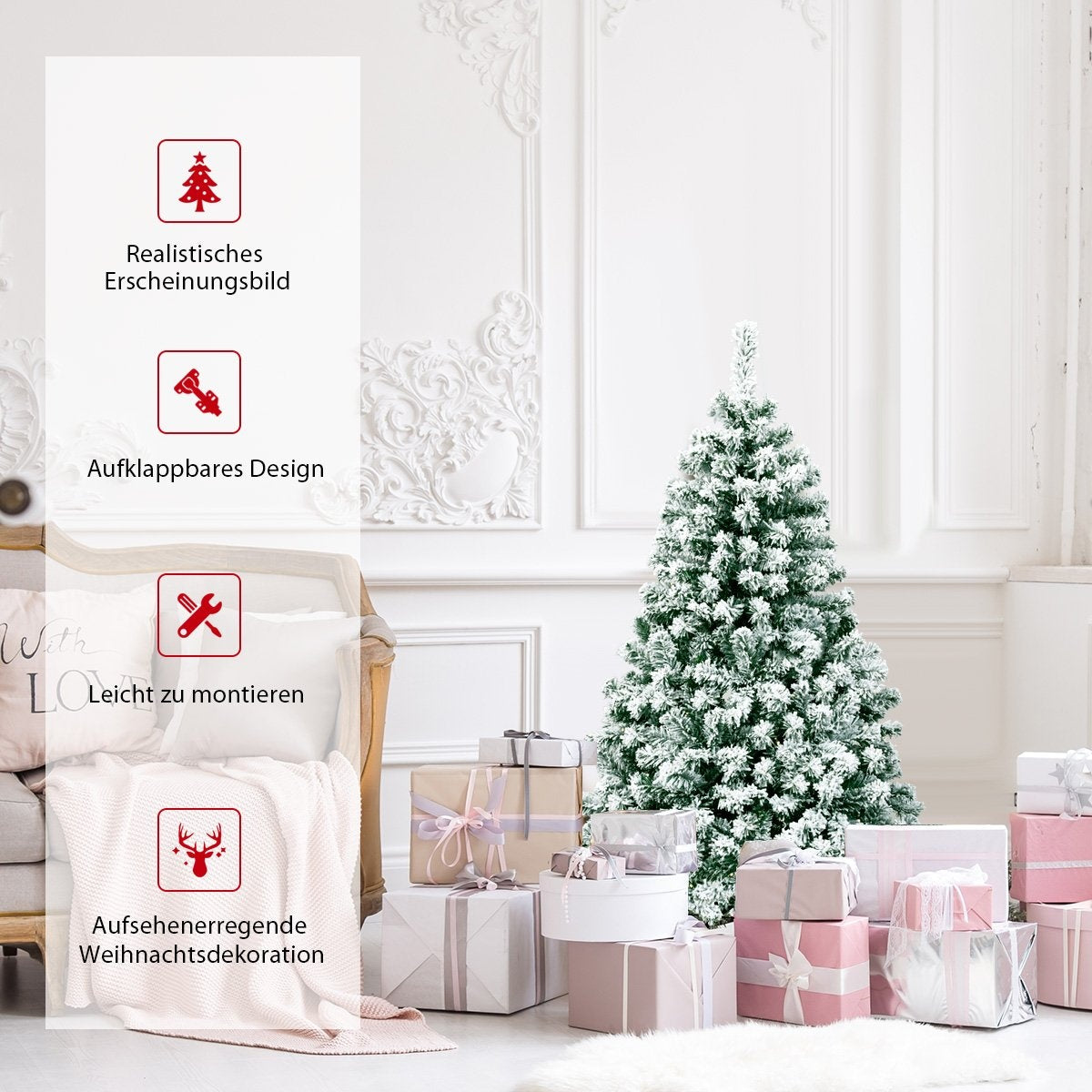 Un árbol de Navidad decorado con regalos en una habitación blanca. También hay ilustraciones a la izquierda.