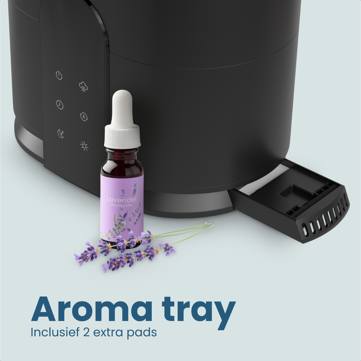 Schwarzer Aromadiffusor mit Lavendelölflasche und Blumen. Aromawanne Text unten.