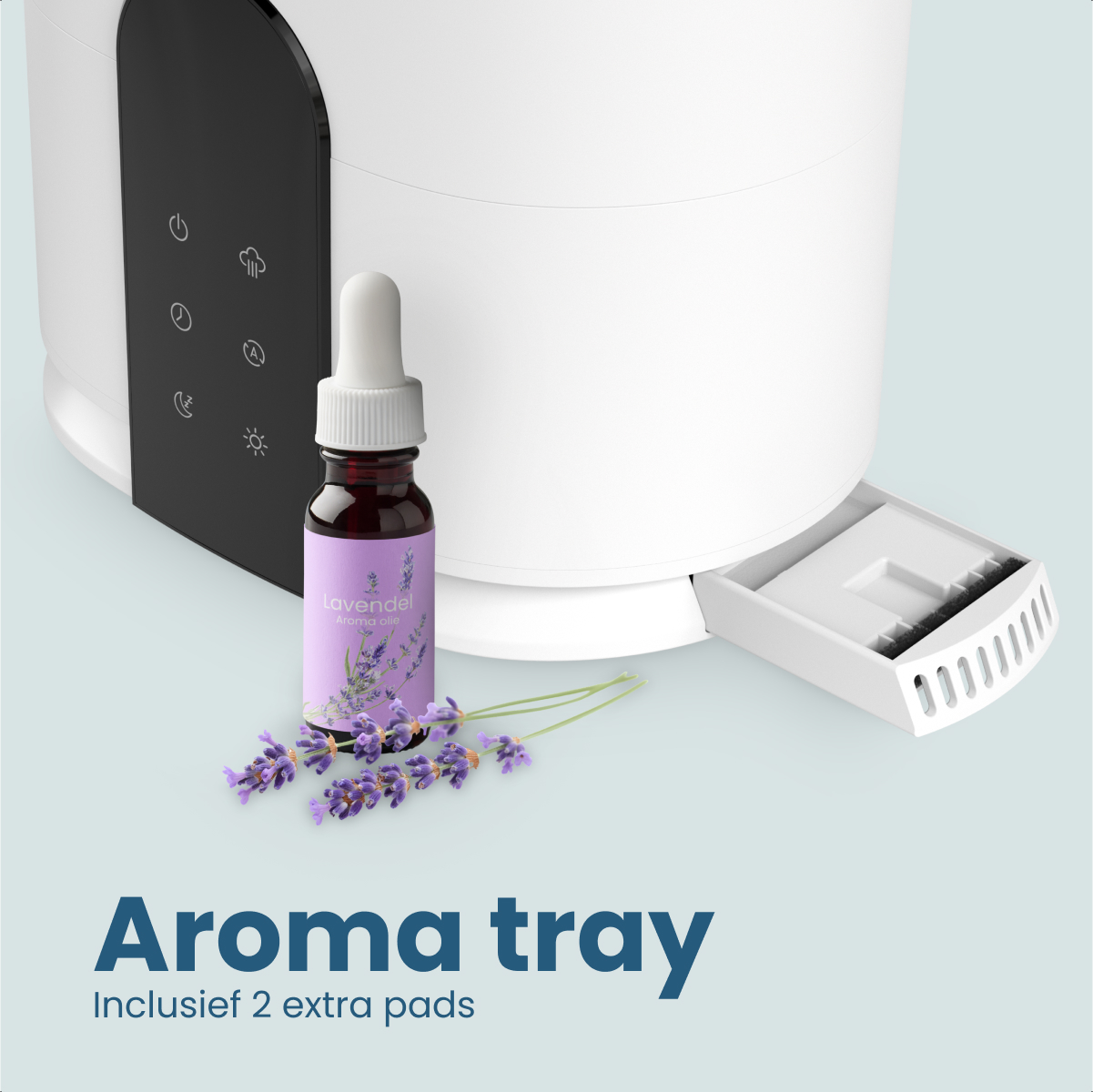 Aroma-Tablett mit Lavendelölflasche und Blumen. Weißer Diffusor mit schwarzem Bedienfeld. Text unten: Aroma-Tablett.