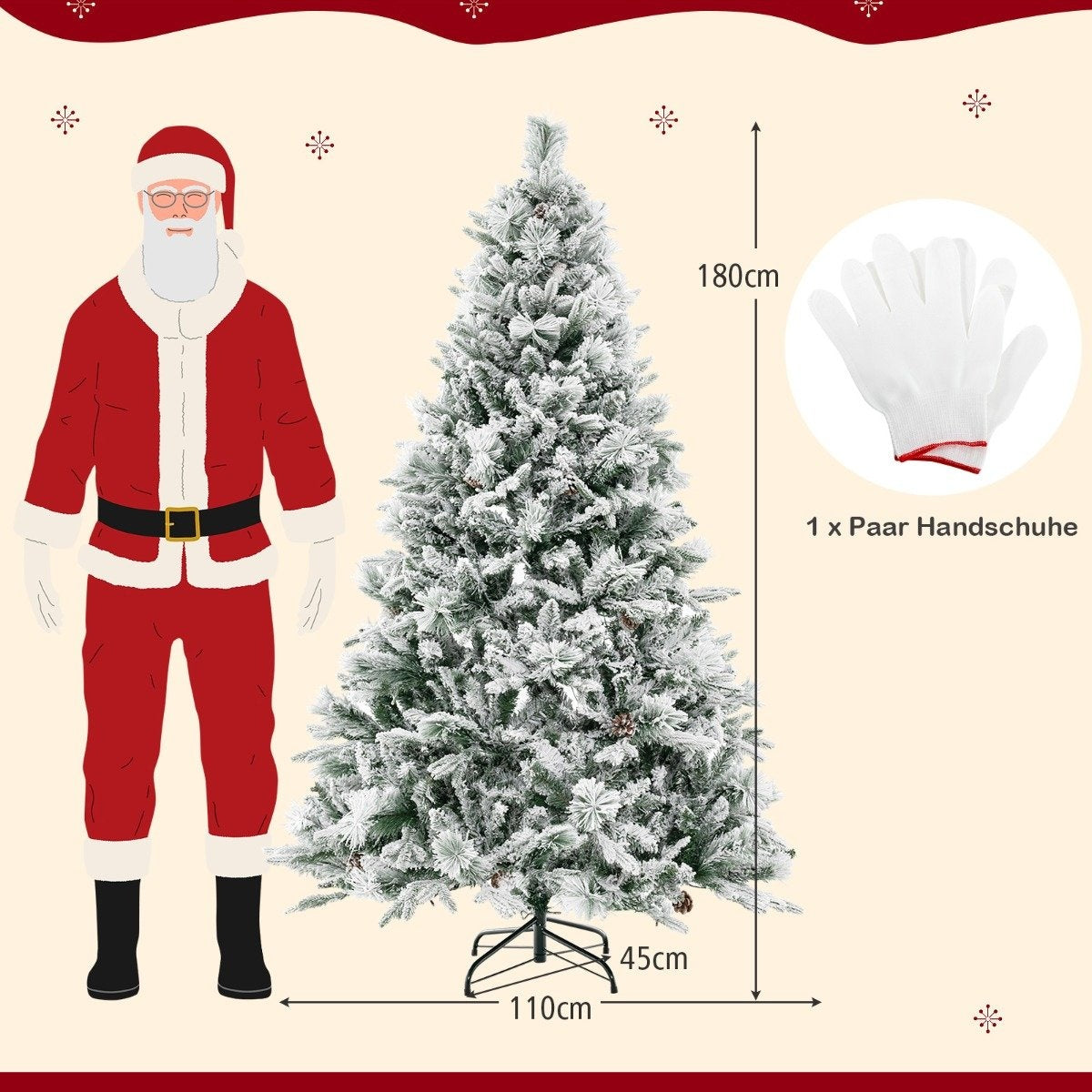 La imagen muestra a Papá Noel, un árbol de Navidad nevado y un par de guantes. También se indican las dimensiones del árbol.