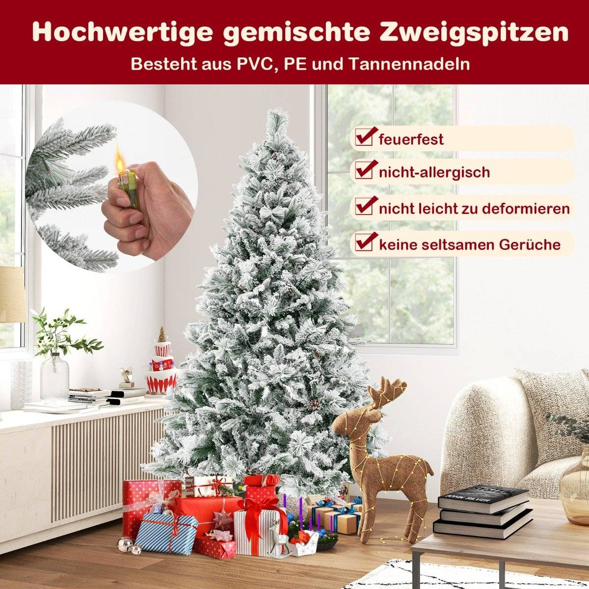 Un árbol de Navidad decorado con regalos, una decoración de ciervo y una mano sosteniendo un encendedor cerca del árbol.