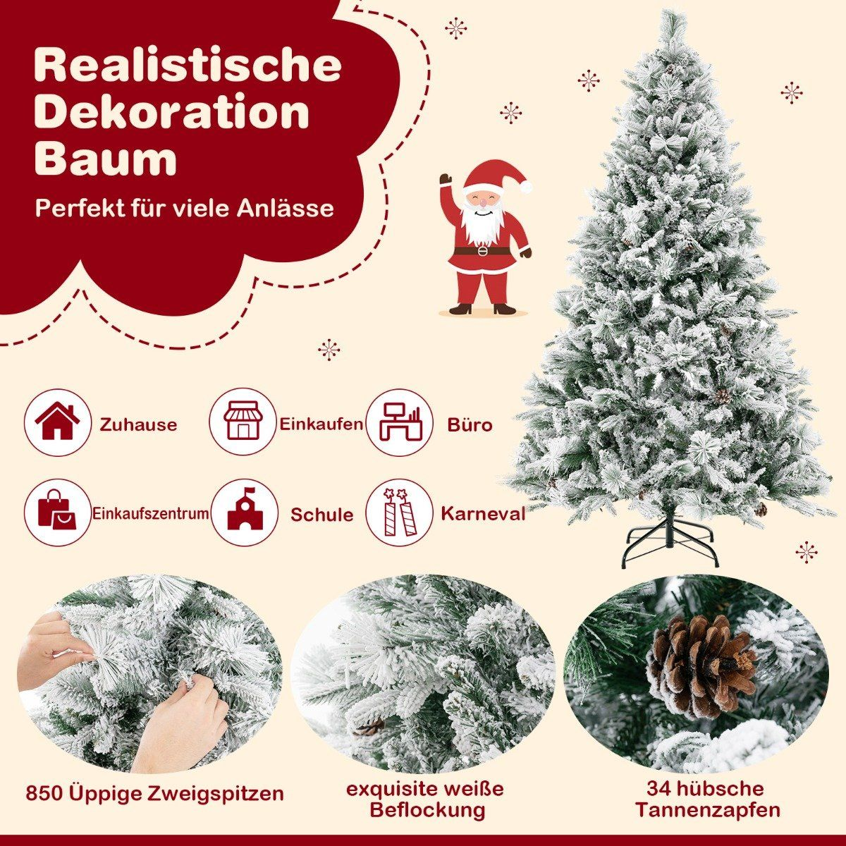 Un árbol de Navidad con nieve blanca, una ilustración de Papá Noel e iconos para varios entornos como el hogar y la oficina.