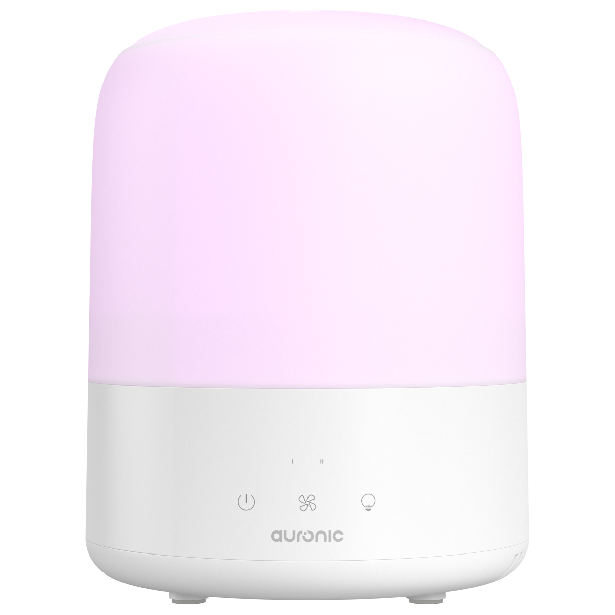 Eine weiße und rosa LED-Lampe. Die Oberseite ist rosa. Die Unterseite ist weiß mit Strom-, Lüfter- und Lichtsymbolen.