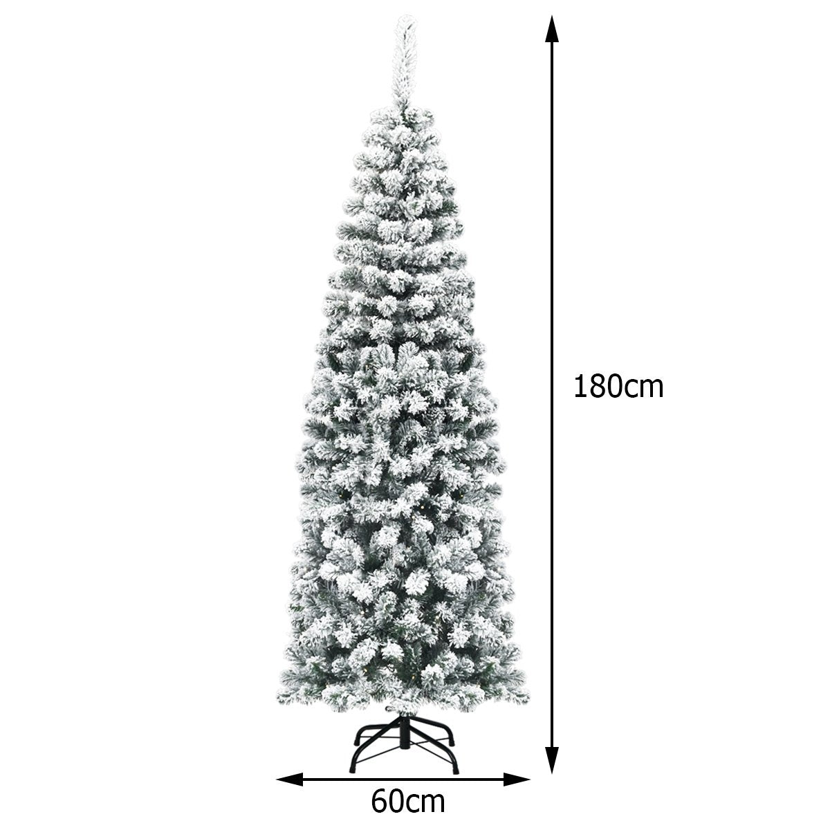 Un árbol de Navidad alto y delgado cubierto de nieve blanca. Mide 180 cm de alto y 60 cm de ancho. Se apoya en una base de metal negro.