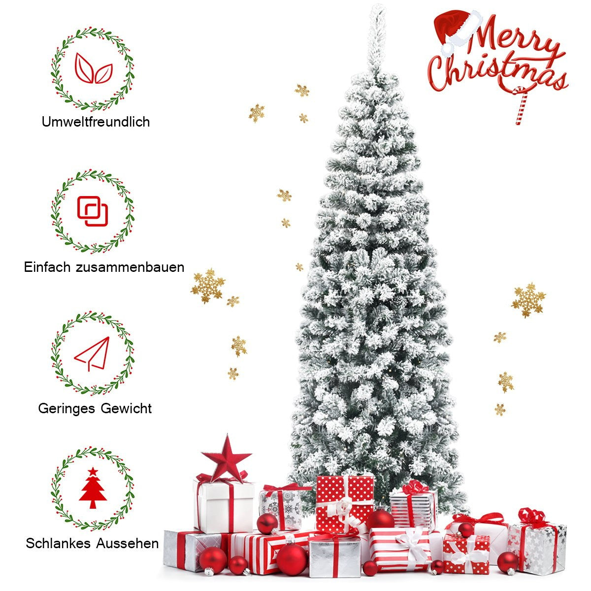 Un árbol de Navidad nevado con regalos y adornos de estrella. El texto incluye 'Merry Christmas' y palabras alemanas sobre ser ecológico y fácil de montar.