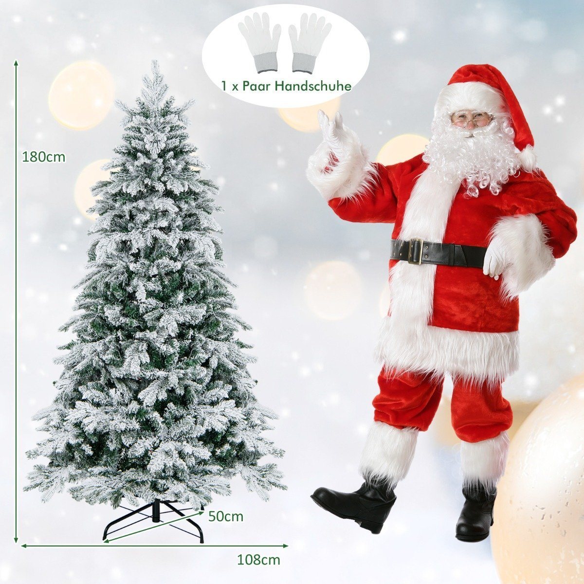 Una escena navideña muestra un árbol nevado y Santa Claus con traje rojo. Se muestran guantes. Las dimensiones del árbol están marcadas en la imagen.