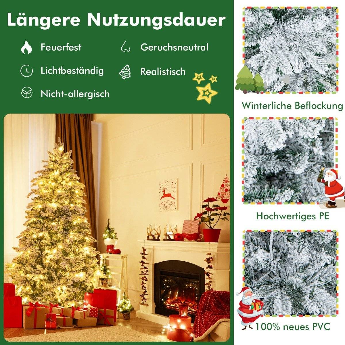Un árbol de Navidad decorado con luces está en una sala de estar. Hay regalos debajo del árbol. Se ve una chimenea y decoraciones.