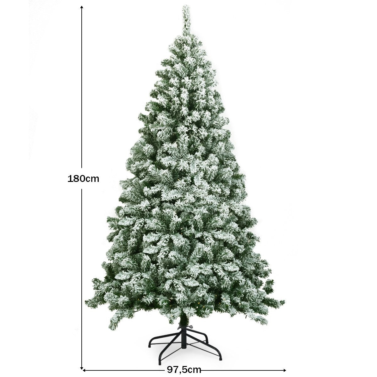 Un árbol de Navidad verde, 180 cm de alto, con efecto de 'nieve' blanca, sobre un soporte de metal negro. La base mide 97,5 cm.