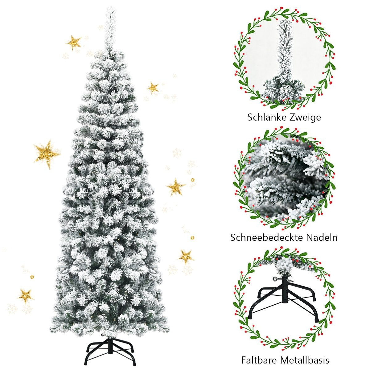 Un árbol de Navidad alto y escarchado con base negra. Estrellas doradas esparcidas alrededor. Imágenes de cerca del árbol.