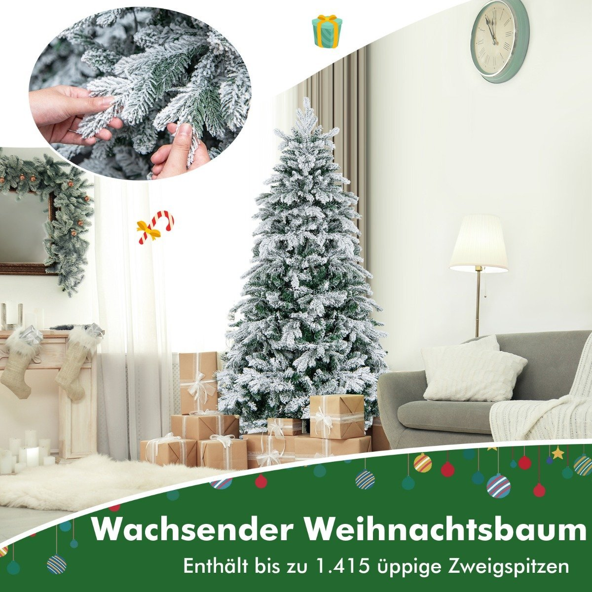 Un árbol de Navidad decorado está en una sala de estar. Hay regalos debajo del árbol. También se ven un reloj, un sofá y una chimenea.