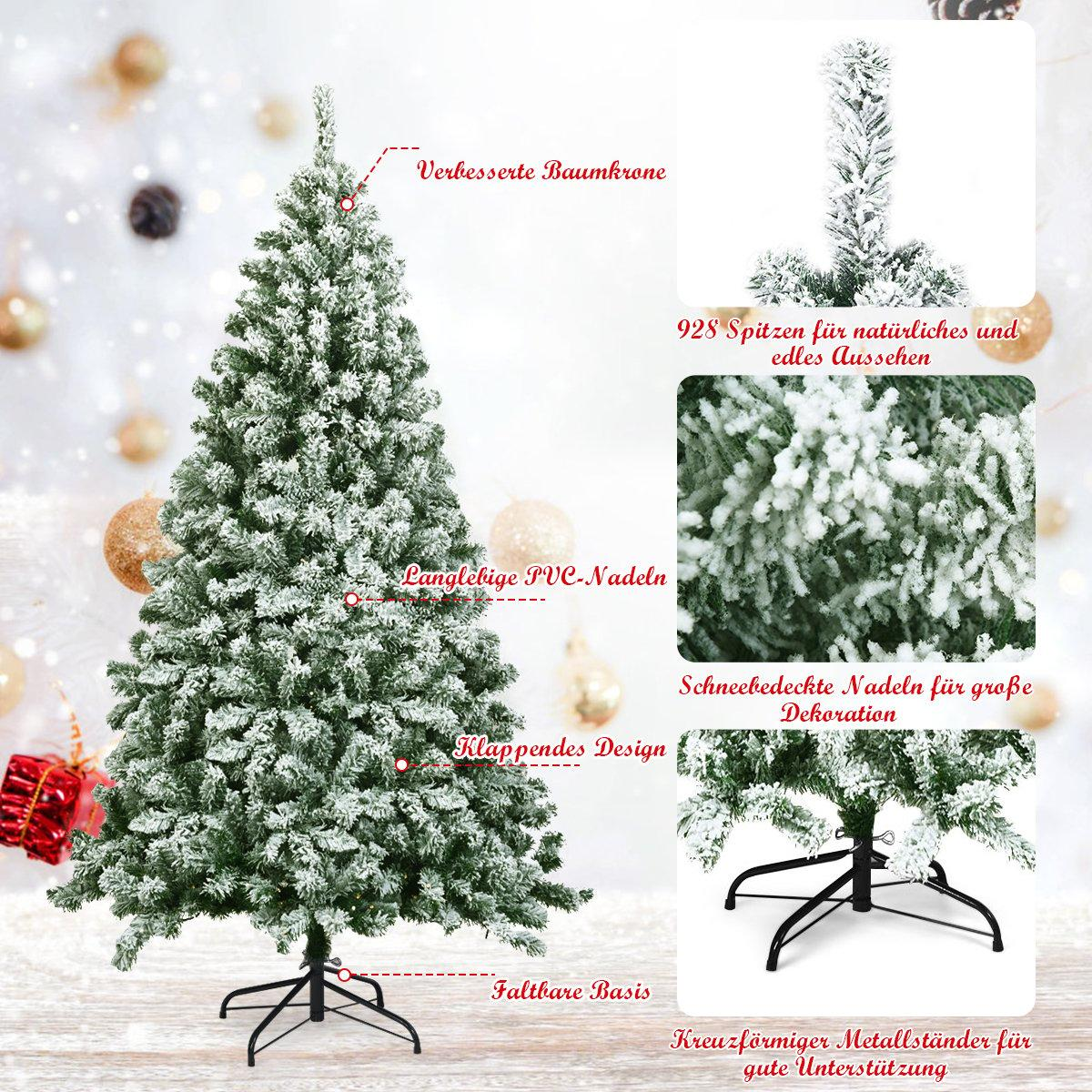 Un árbol de Navidad nevado con soporte de metal. Agujas cubiertas de nieve y varias etiquetas.