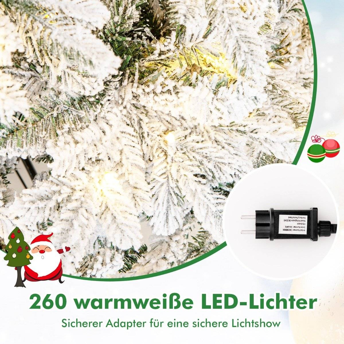 Primer plano de un árbol de Navidad nevado con luces LED blancas cálidas. Incluye un enchufe y una ilustración de Papá Noel.