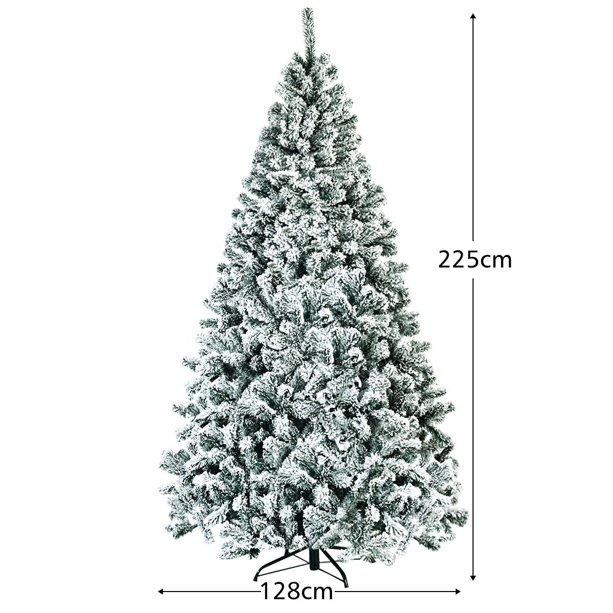 Un árbol de Navidad nevado sobre fondo blanco. Mide 225 cm de alto y 128 cm de ancho. El árbol está cubierto de nieve artificial.