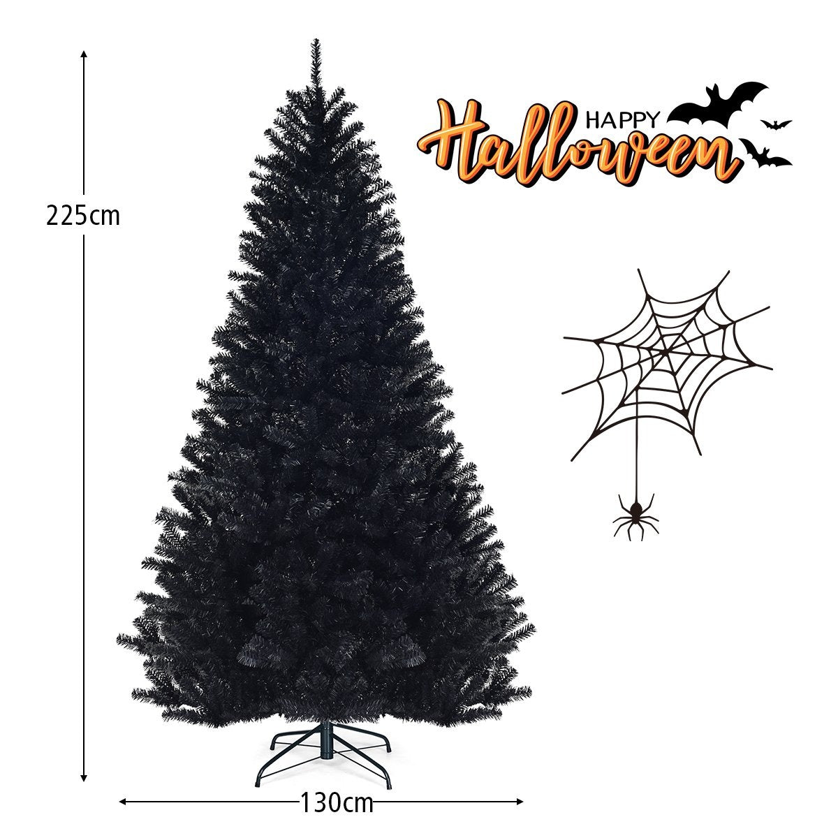 Árbol negro de Halloween con decoraciones y dimensiones. Tiene texto de Halloween, murciélagos, telaraña y araña.