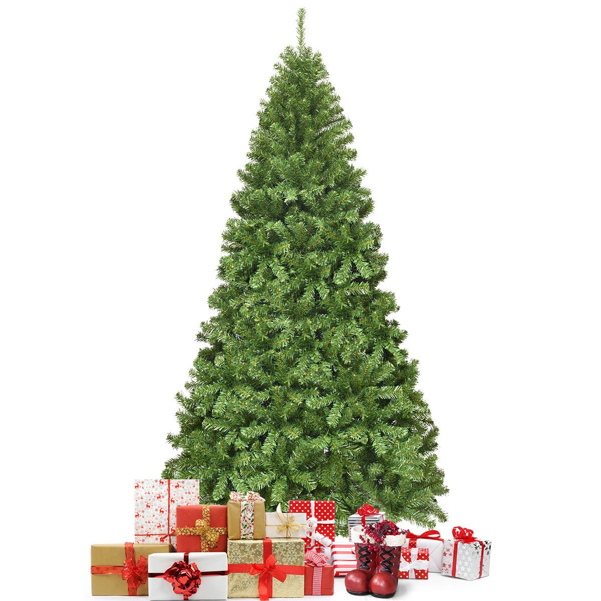 Un árbol de Navidad verde con regalos y adornos navideños. Regalos envueltos en varios papeles con lazos están en la base.