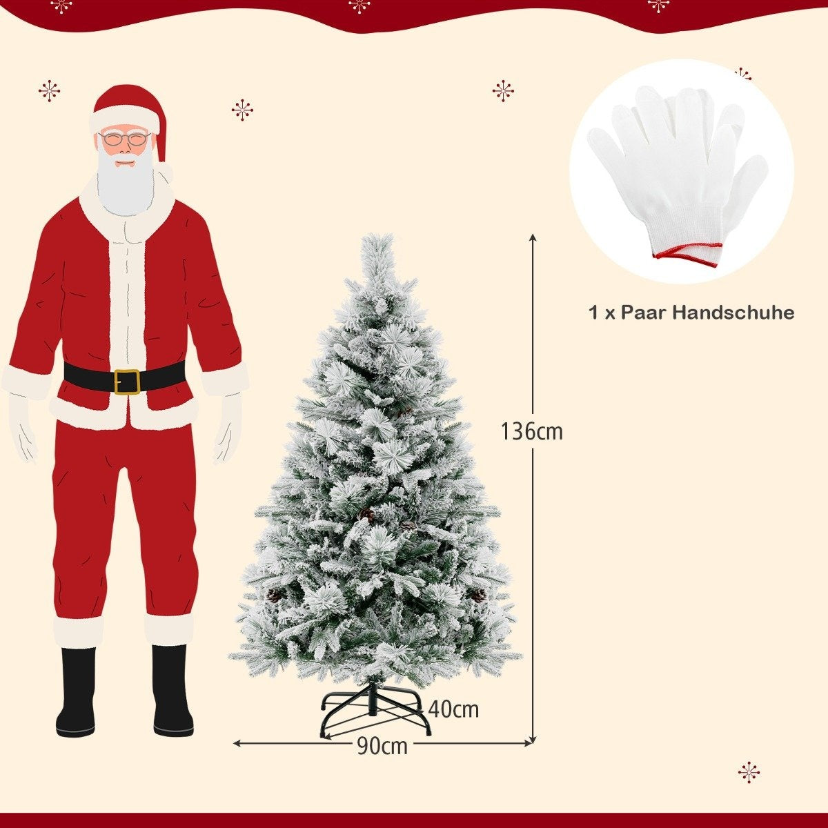La imagen muestra a Papá Noel, un árbol de Navidad nevado y un par de guantes blancos. También se indican las dimensiones del árbol.