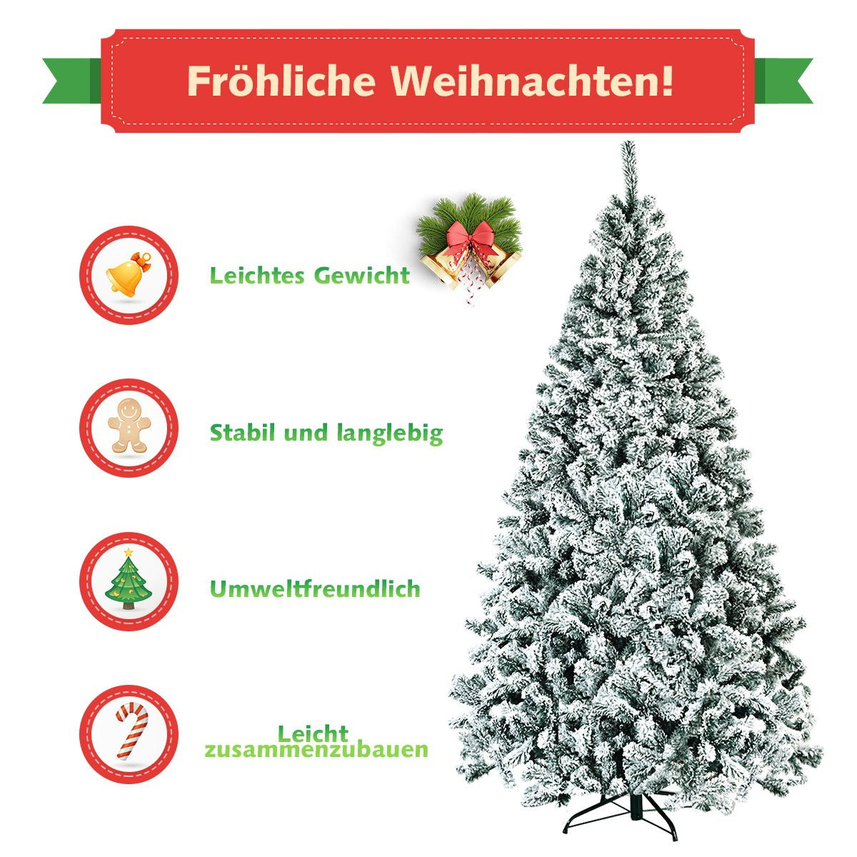 Un árbol de Navidad decorado con texto en alemán. El texto incluye 'Frohliche Weihnachten!' y descripciones de las características del árbol.