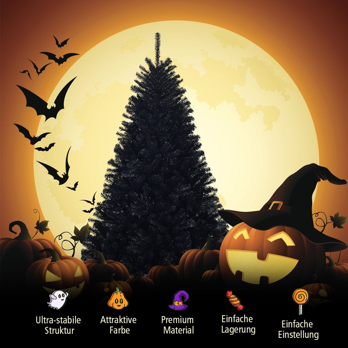 Escena de Halloween: árbol negro, murciélagos, calabazas, sombrero de bruja, luna. Iconos: fantasma, calabaza, sombrero, caramelo, piruleta.