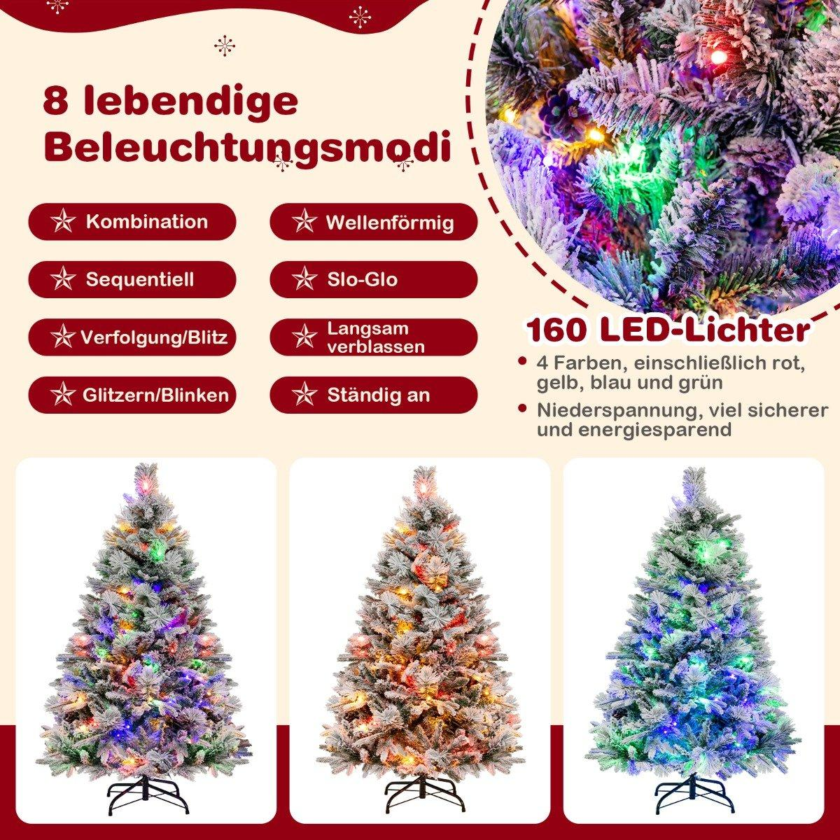 La imagen muestra un árbol de Navidad con varios modos de luz, incluyendo opciones de color y texto que describe luces LED y modos.