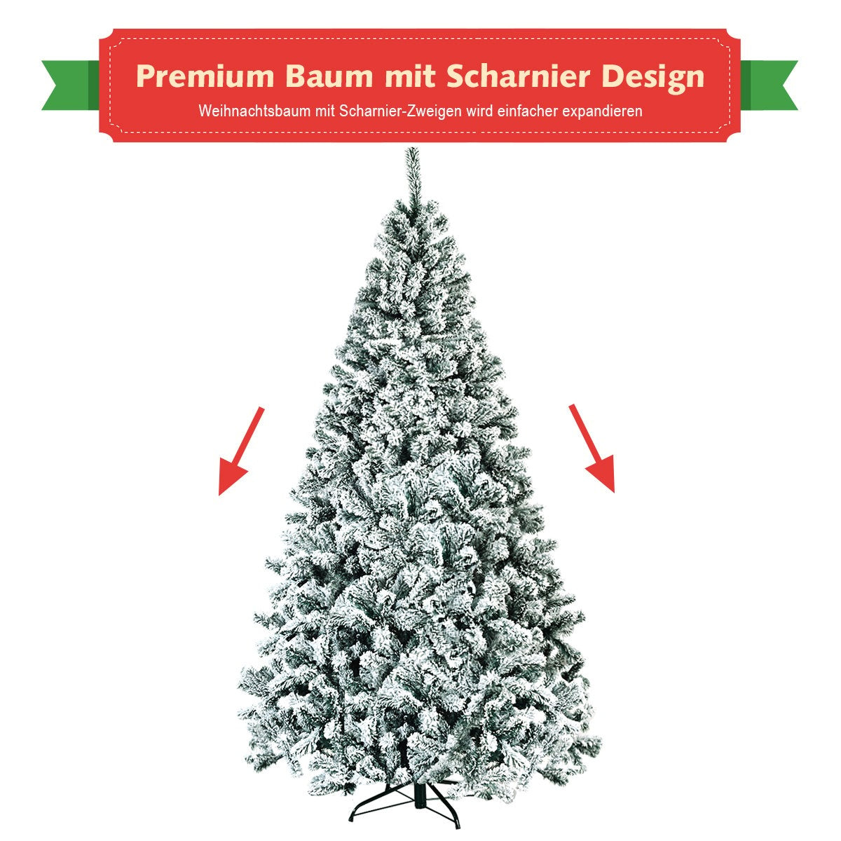Un árbol de Navidad nevado sobre base metálica negra, con flechas rojas. Un cartel dice 'Premium Baum' en alemán.